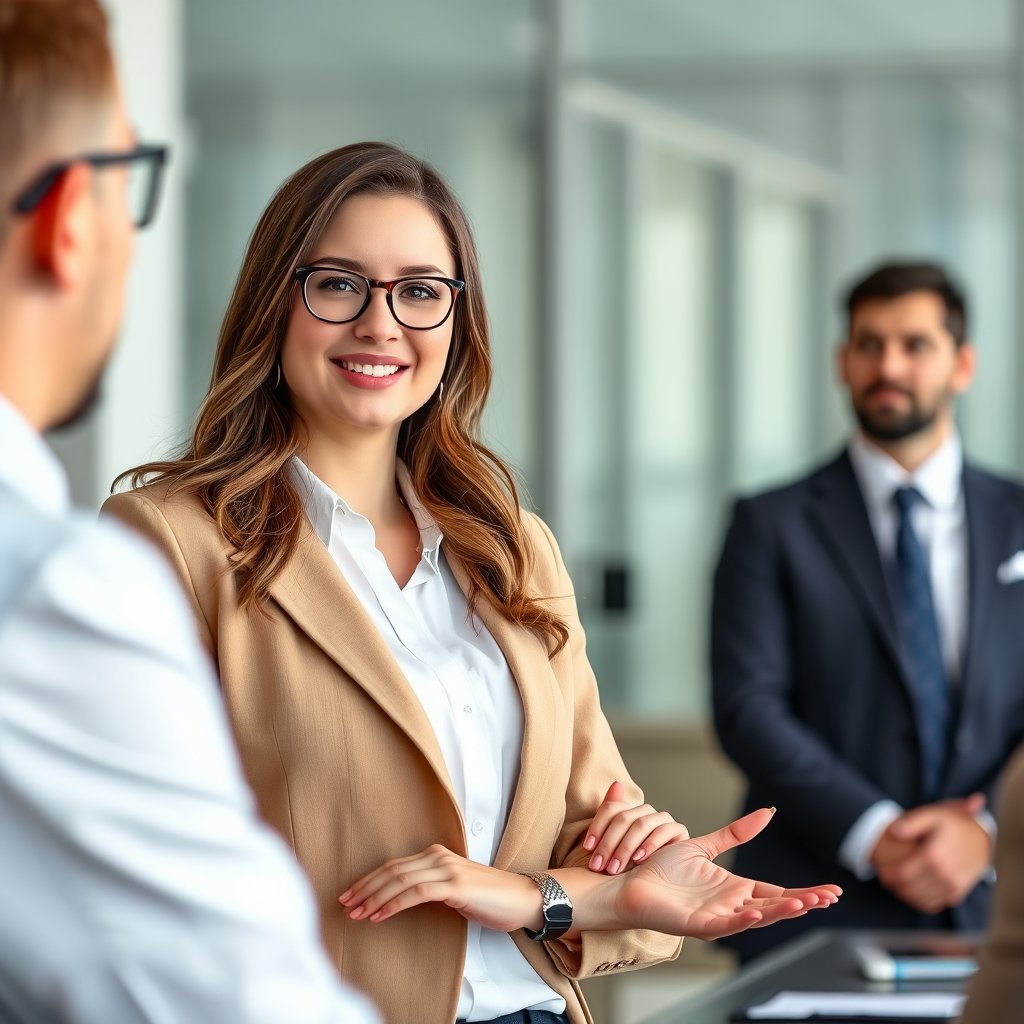 a confident businesswoman presenting to colleagues, ultra realistic, crisp details, studio quality