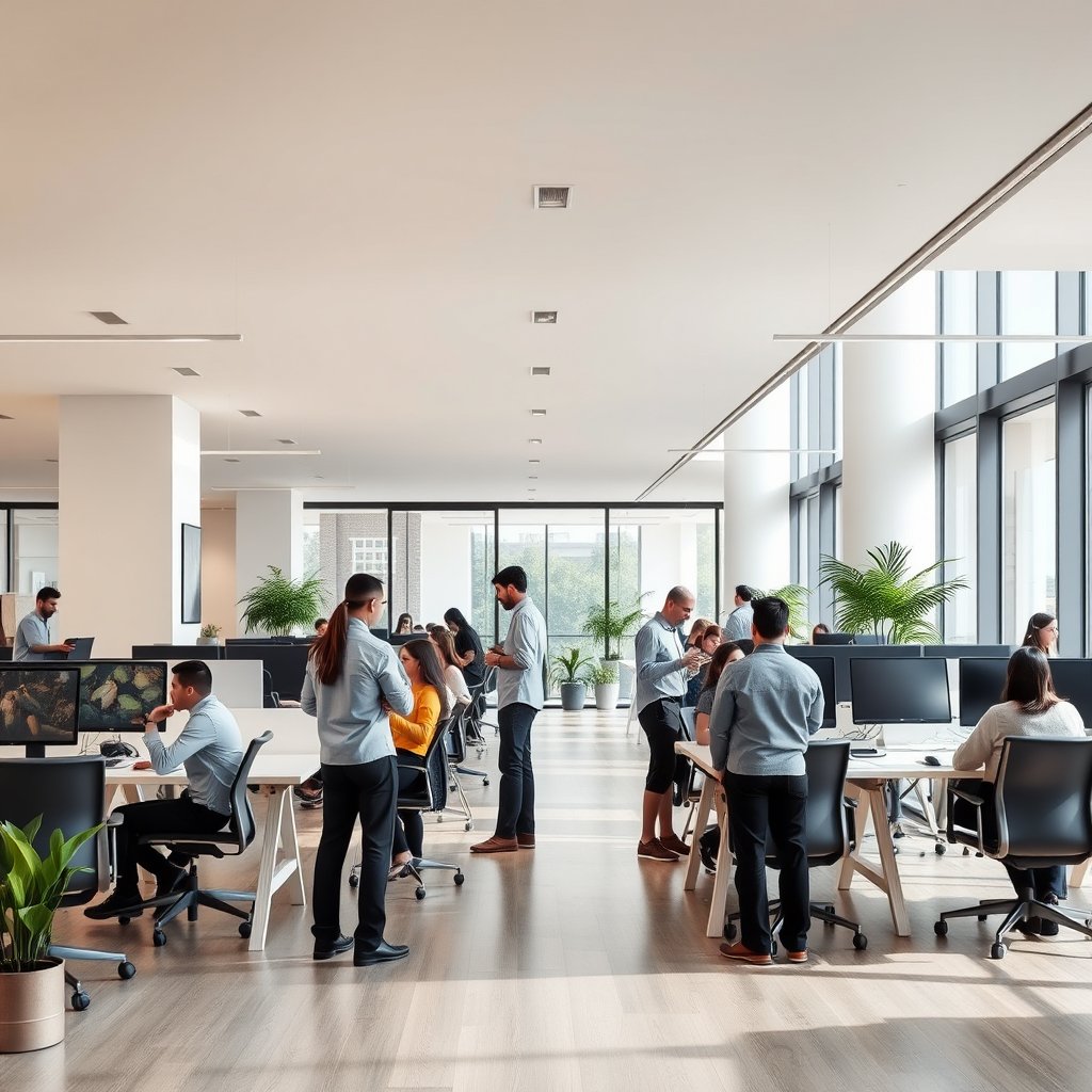 a modern open office space with people collaborating, ultra realistic, crisp details, studio quality