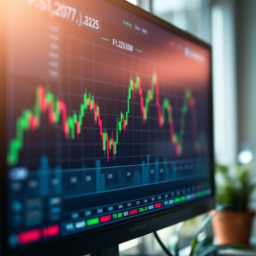 a stock market data visualization on a screen, soft natural light, shallow depth of field, bokeh