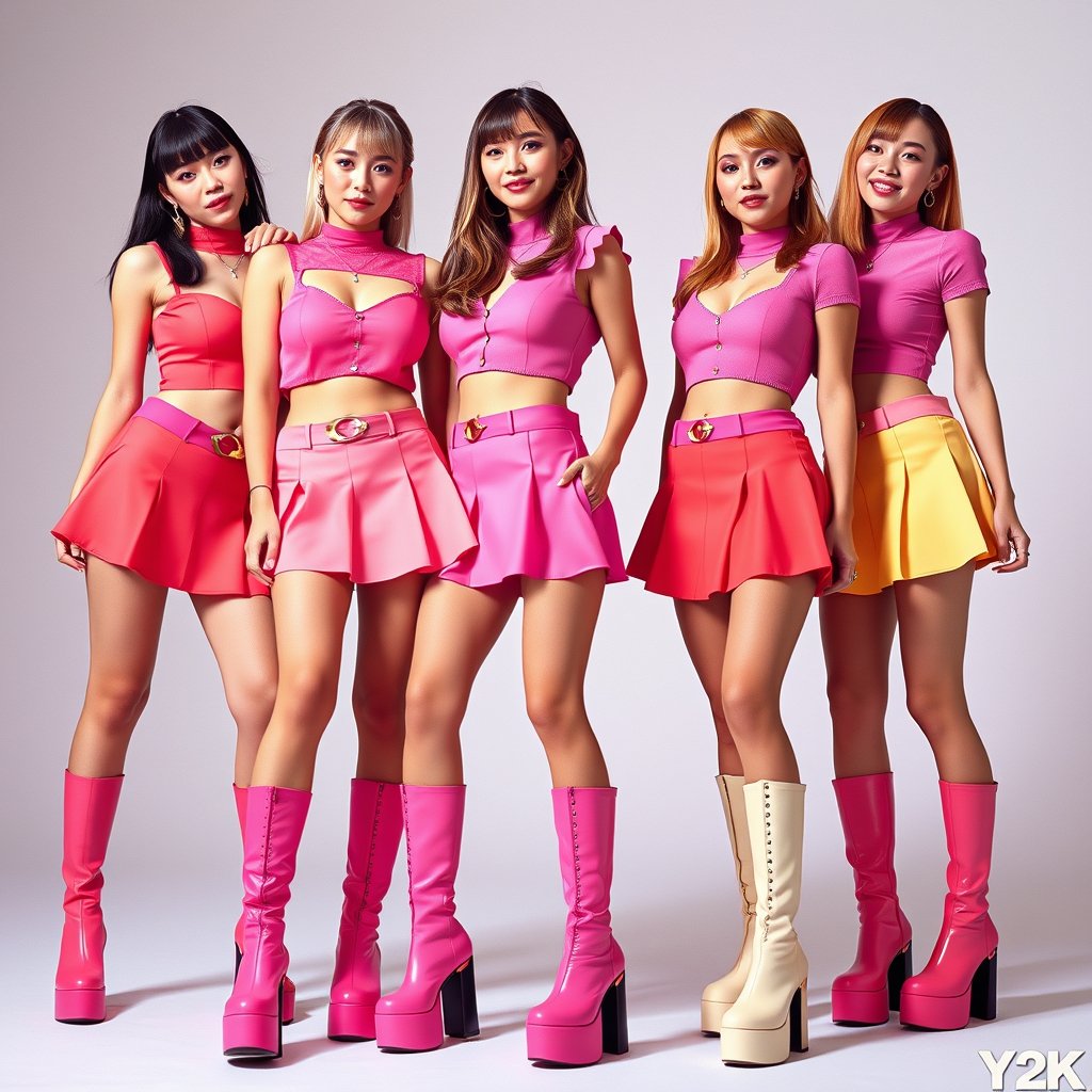 Y2K Girl Group
Y2K 2000s pop girl group, four stylish young women wearing colorful mini skirts, crop tops and platform boots, coordinated pink outfits, glossy magazine aesthetic, vibrant flash photography, highly detailed, 8k, professional photography, sharp focus