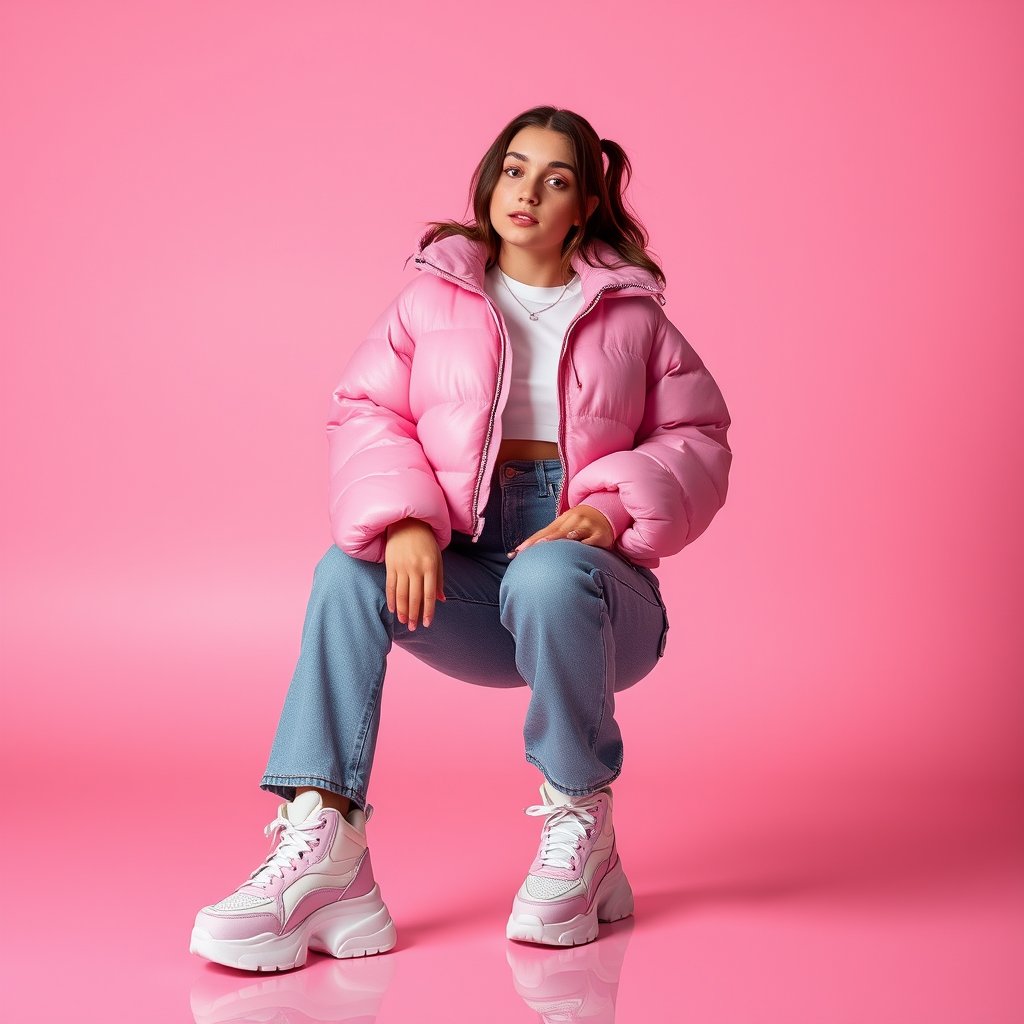 Baby Puffer
Y2K fashion editorial, young woman in a cropped bubblegum pink puffer jacket, low-rise jeans, chunky platform sneakers, glossy pink studio, early 2000s aesthetic, flash photography, highly detailed, 8k, professional photography, sharp focus