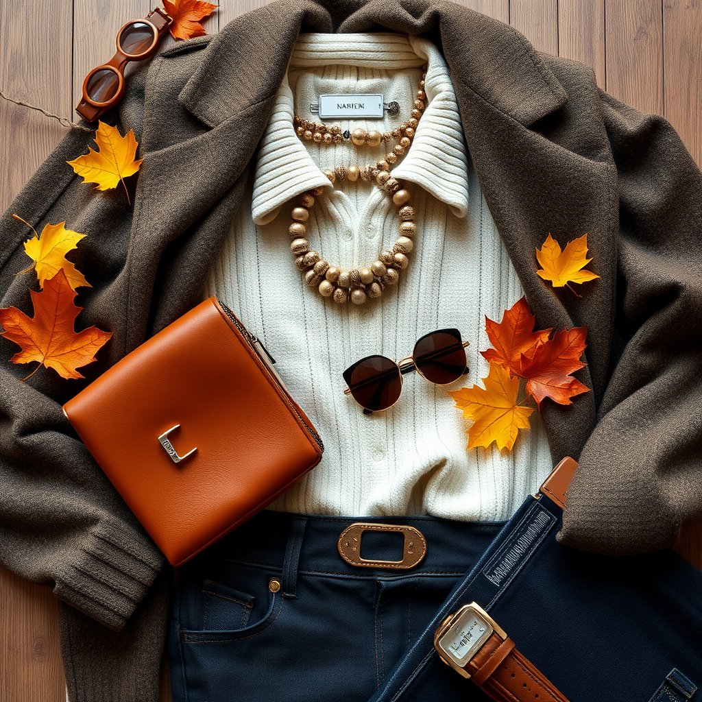 a flat-lay of stylish autumn outfit with accessories, highly detailed, 8k, professional photography, sharp focus