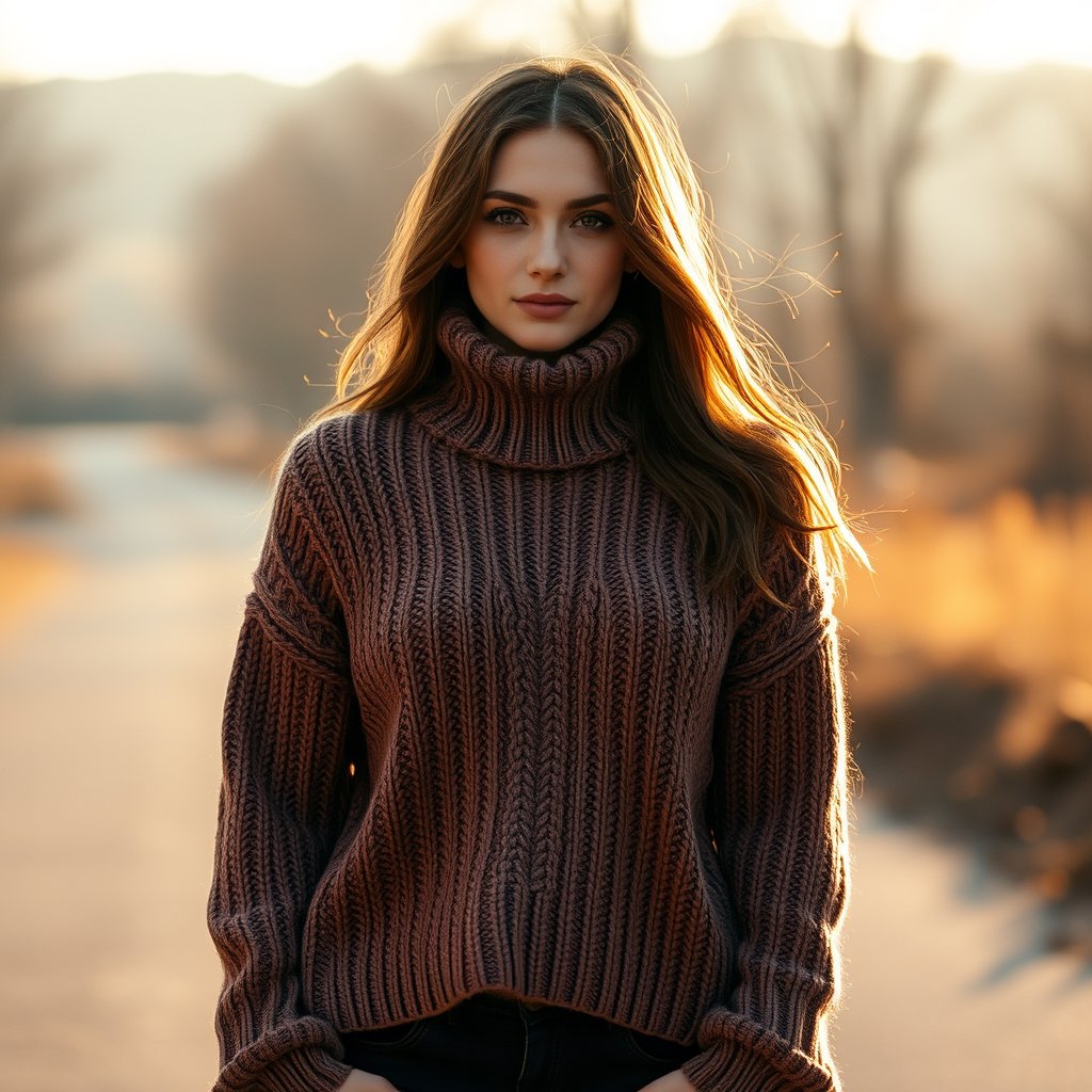 a model wearing a cozy knit sweater in autumn, golden hour lighting, warm tones, atmospheric