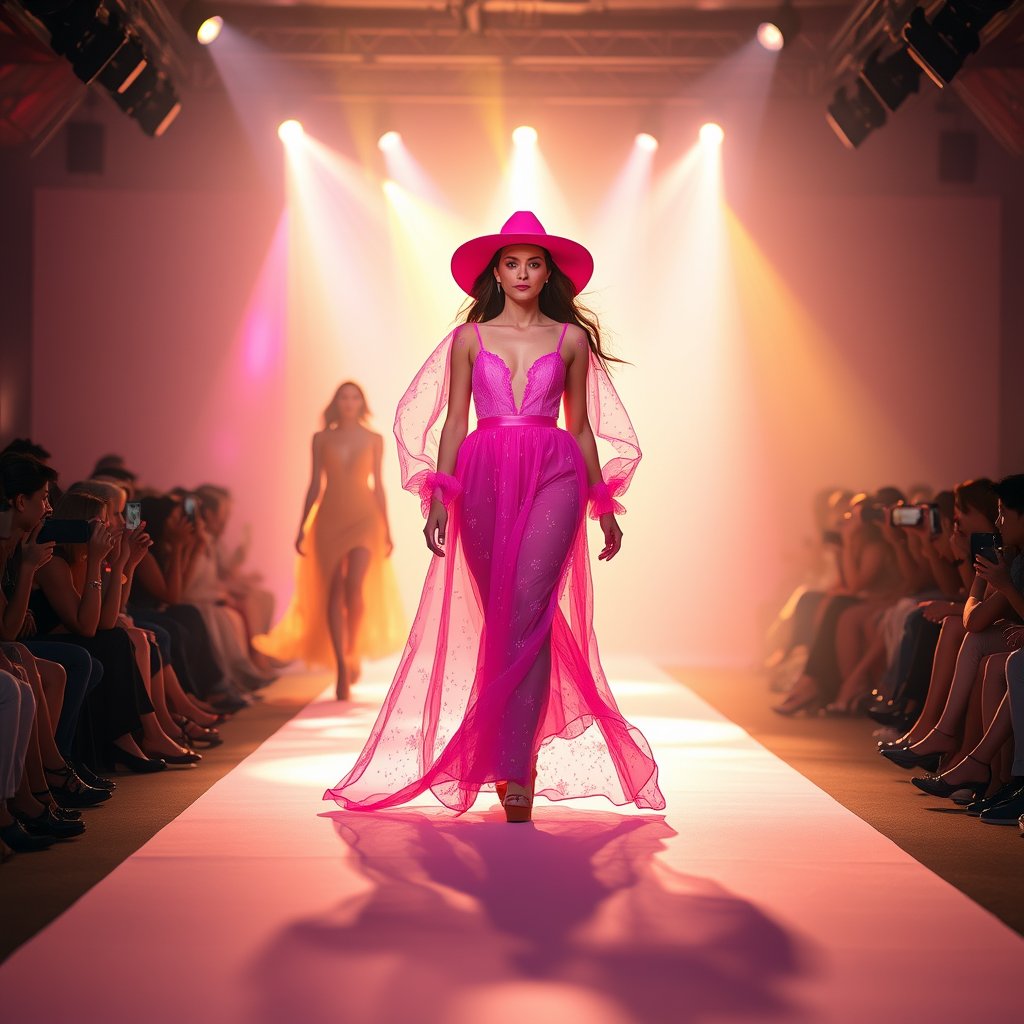 a vibrant runway fashion show with dramatic lighting, bright and airy, pastel tones, dreamy aesthetic