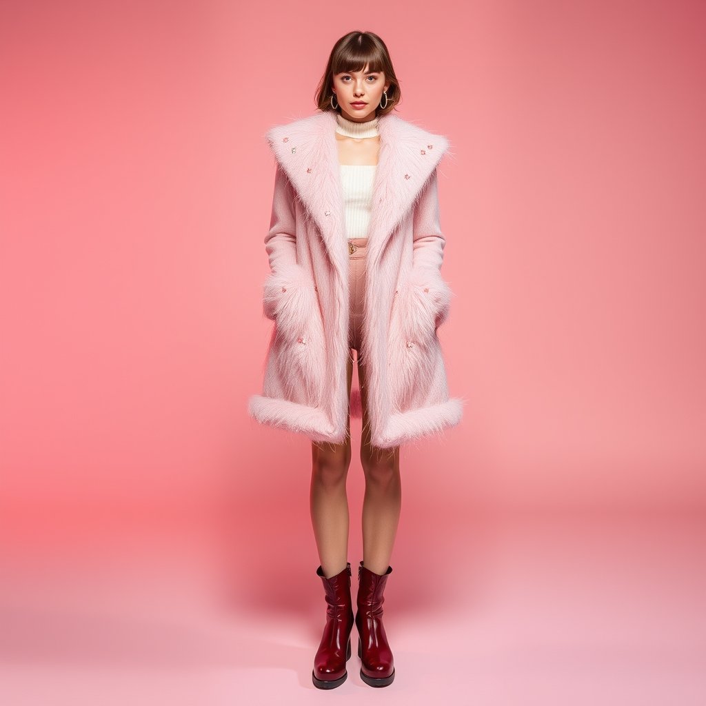 Fotografía de moda Y2K de una modelo usando calentadoras de piernas de peluche rosa suave, con pequeños detalles de estrellas. Estética retro, coqueta e it-girl, combinadas con minifalda y botas de plataforma. Iluminación de estudio suave, fondo rosa pastel minimalista, textura del peluche muy visible, fotografía hiperrealista de catálogo, colores vibrantes, alta definición., highly detailed, 8k, professional photography, sharp focus