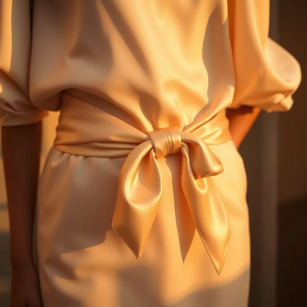 silk belt detail, luxury accessory, golden hour lighting, warm tones, atmospheric
