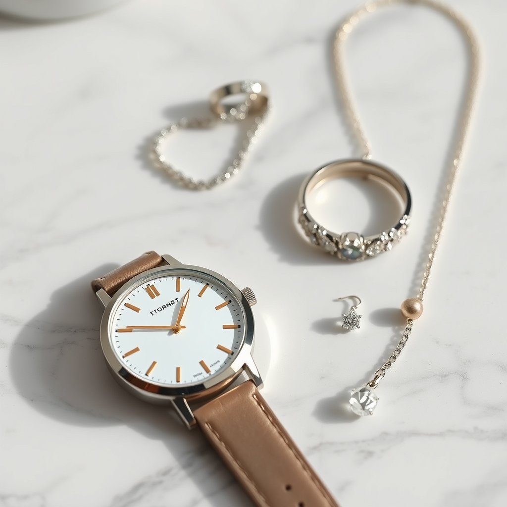 an elegant watch and jewelry on a marble surface, bright and airy, pastel tones, dreamy aesthetic
