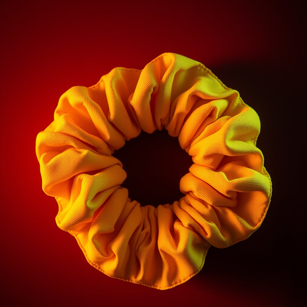 top view
yellow scrunchie
no background, cinematic lighting, vibrant colors, dramatic atmosphere
