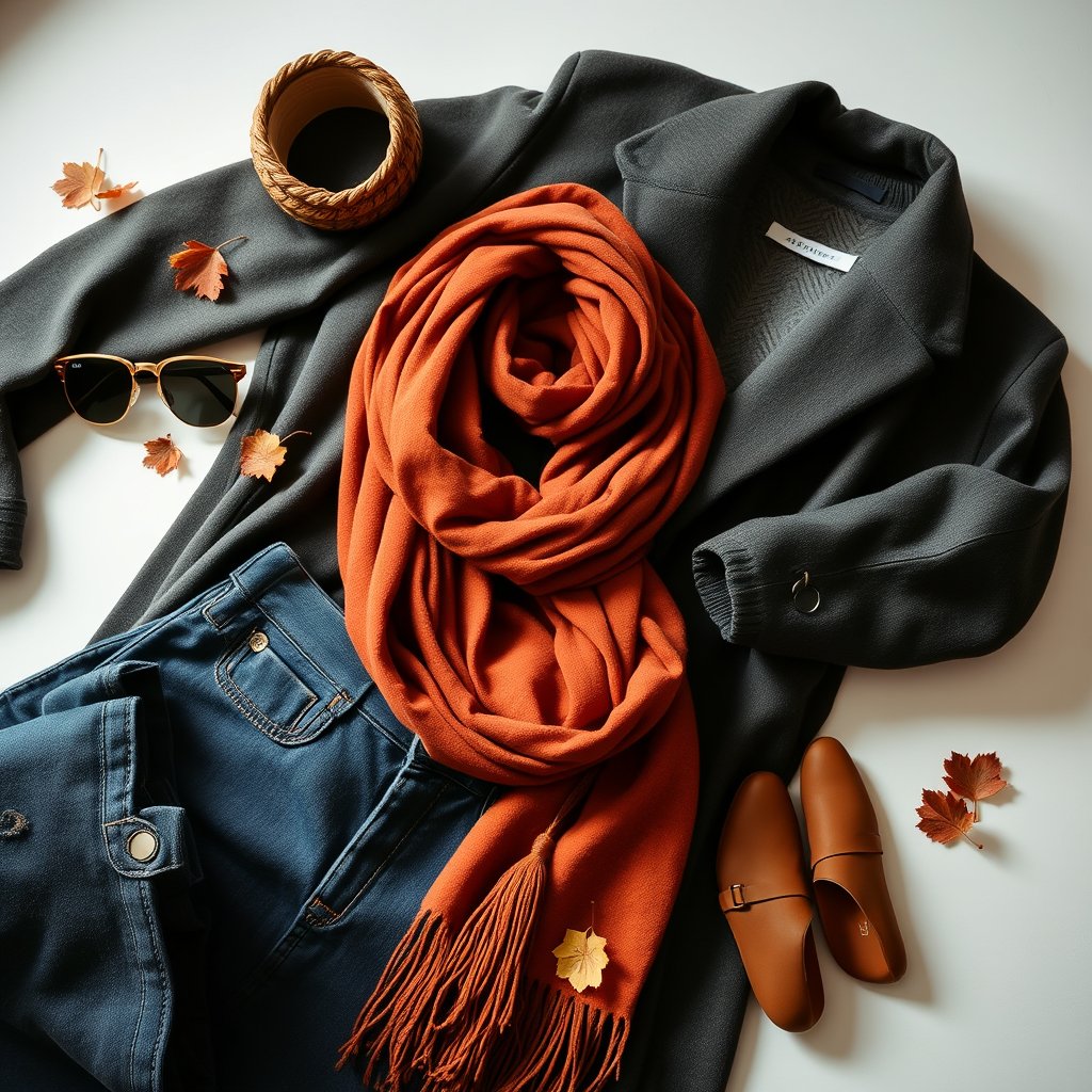 a flat-lay of stylish autumn outfit with accessories, soft natural light, shallow depth of field, bokeh