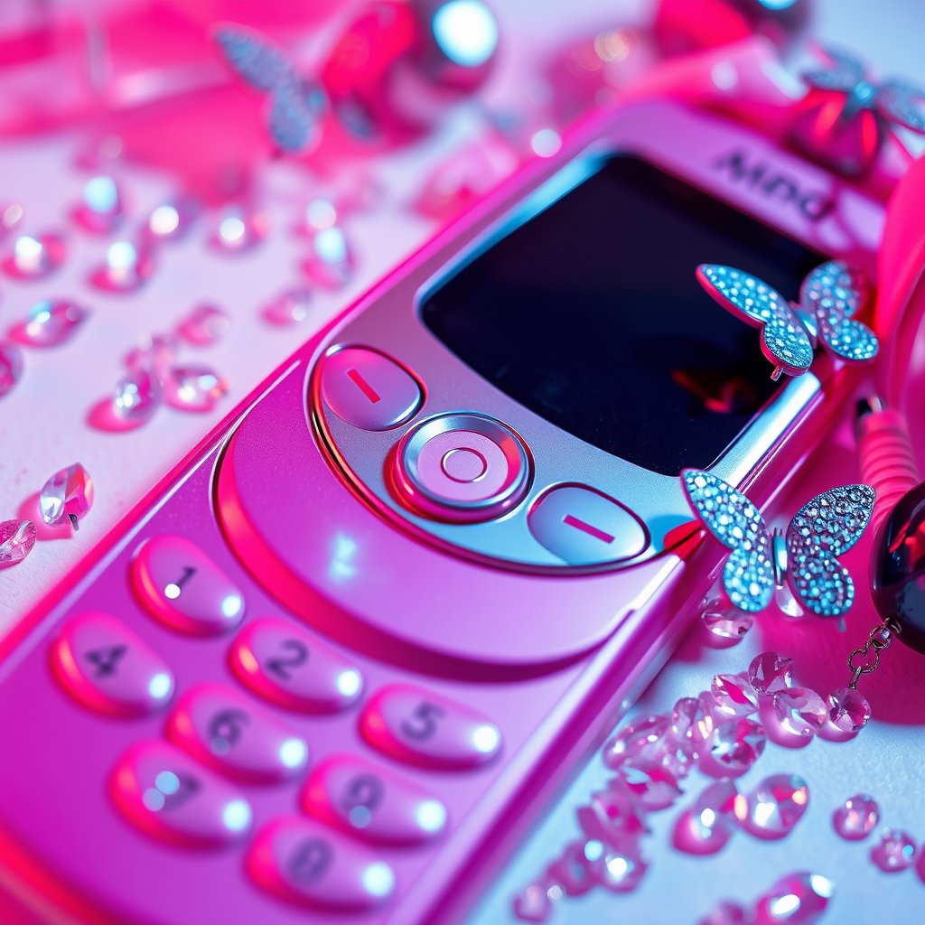 Pink Flip Phone
Close-up of a metallic pink flip phone surrounded by rhinestones, lip gloss, butterfly clips and tiny accessories, glossy Y2K 2000s aesthetic, hot pink lighting, flash photography, cinematic lighting, vibrant colors, dramatic atmosphere