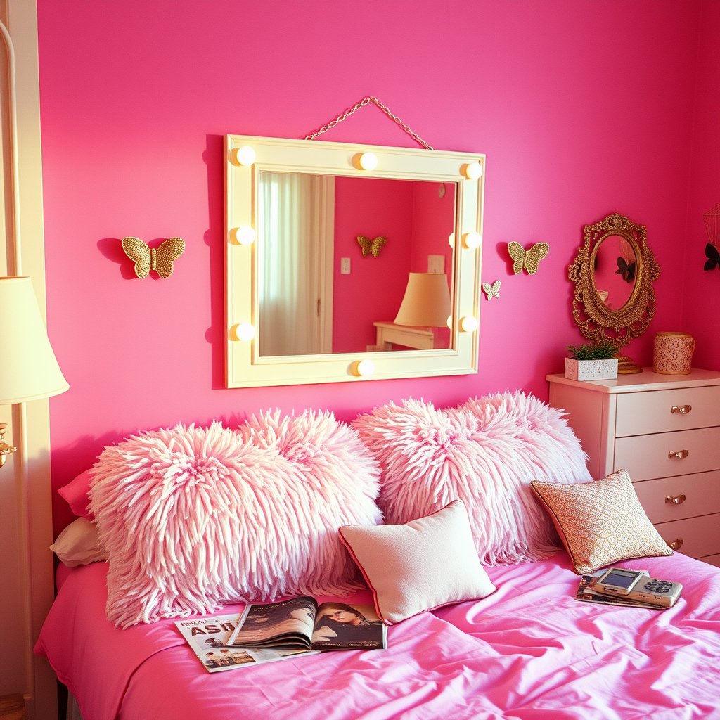 Y2K Bedroom
2000s Y2K bedroom, hot pink walls, fluffy heart-shaped pillows, vanity mirror, butterfly decorations, magazines, flip phone, glittery accessories, nostalgic glossy aesthetic, golden hour lighting, warm tones, atmospheric