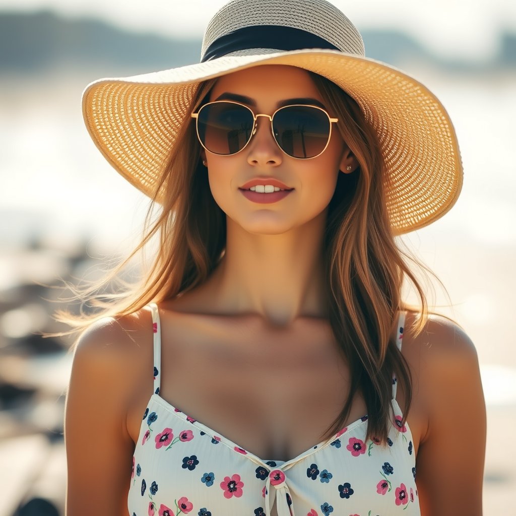 a summer beach fashion look with a sun hat, soft natural light, shallow depth of field, bokeh