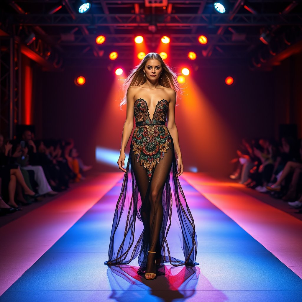 a vibrant runway fashion show with dramatic lighting, golden hour lighting, warm tones, atmospheric