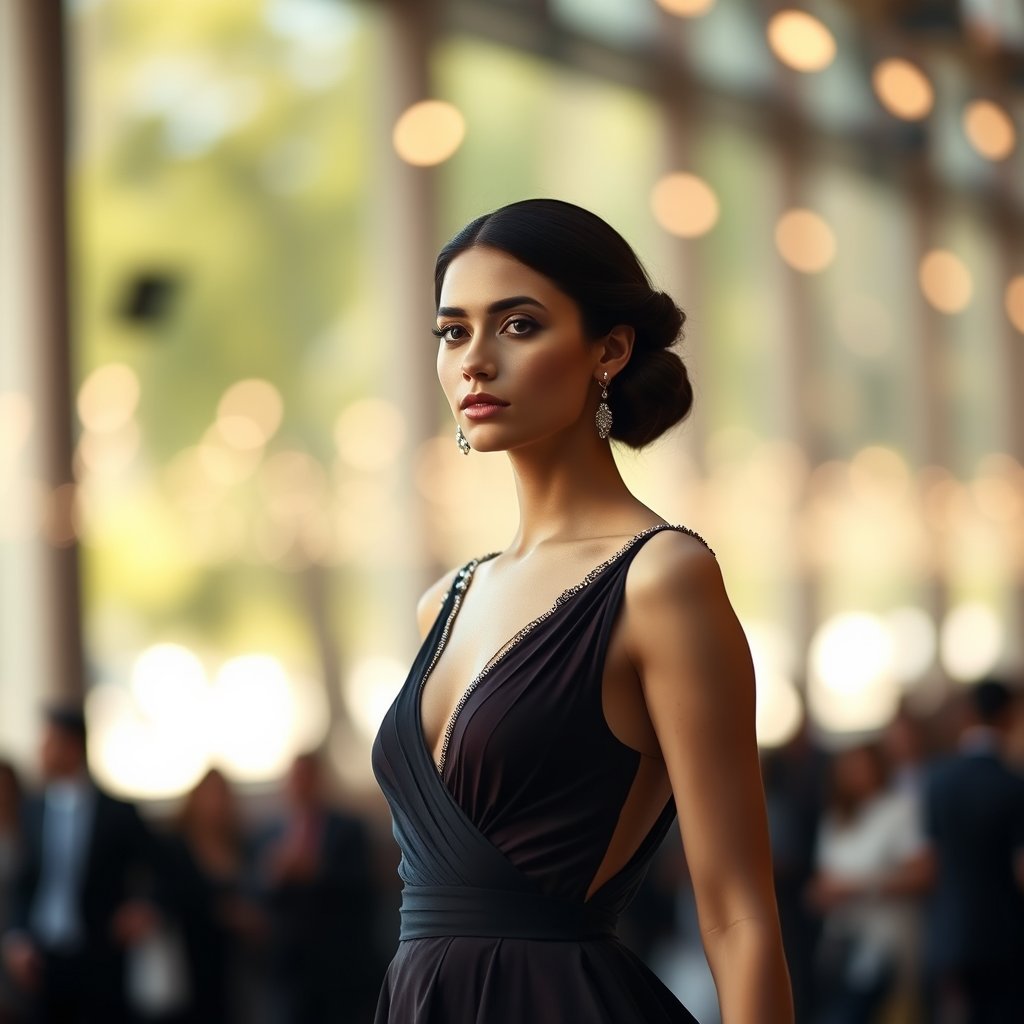 a high fashion model in an elegant dress, editorial style, soft natural light, shallow depth of field, bokeh