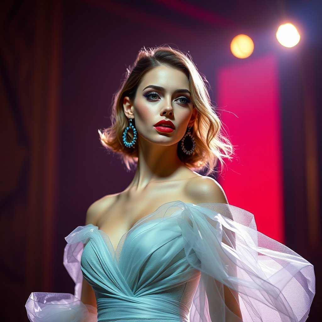 a high fashion model in an elegant dress, editorial style, cinematic lighting, vibrant colors, dramatic atmosphere