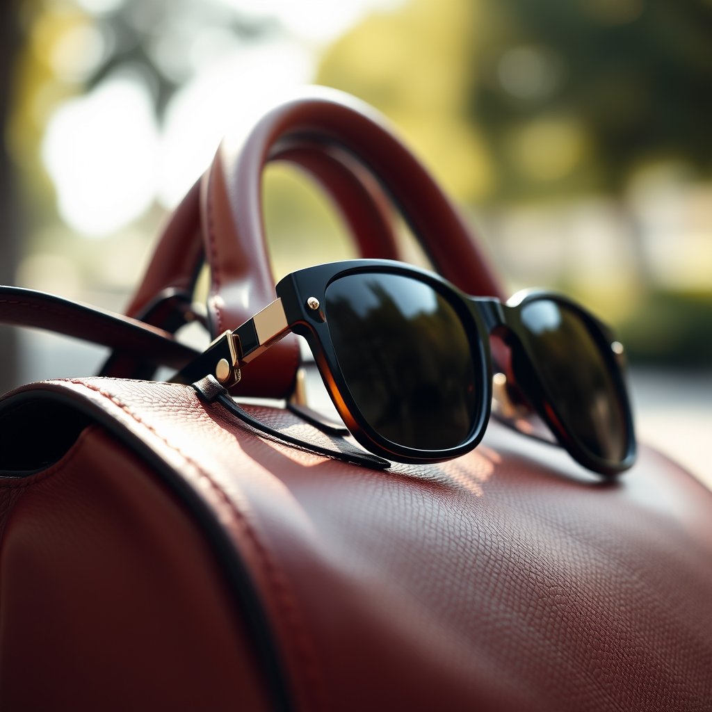 a close-up of luxury leather handbag and sunglasses, soft natural light, shallow depth of field, bokeh