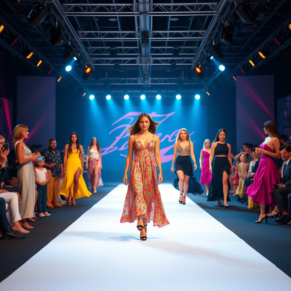 a vibrant runway fashion show with dramatic lighting, ultra realistic, crisp details, studio quality