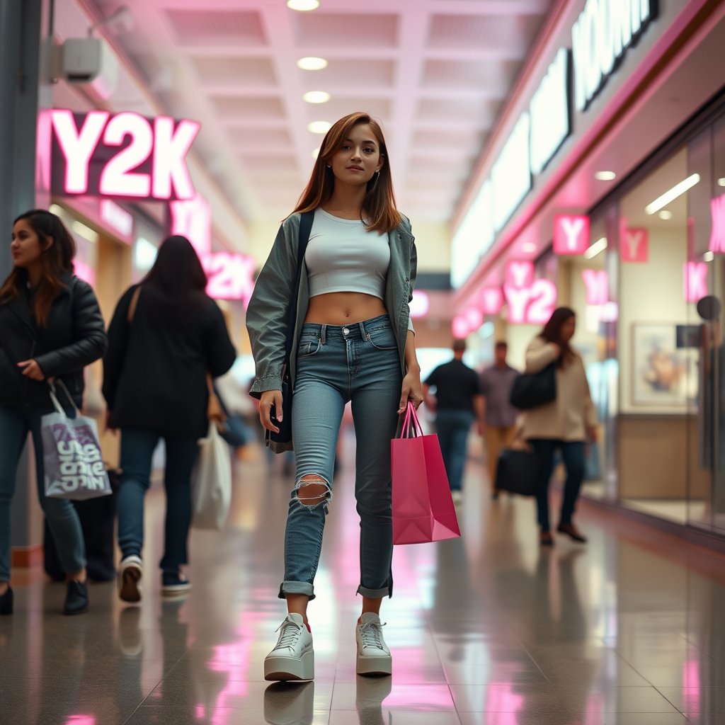 Mall Culture
Early 2000s fashion mall scene, stylish young woman carrying shopping bags, low-rise jeans, cropped top and platform sneakers, pink neon signs, glossy Y2K atmosphere, nostalgic flash photography, soft natural light, shallow depth of field, bokeh