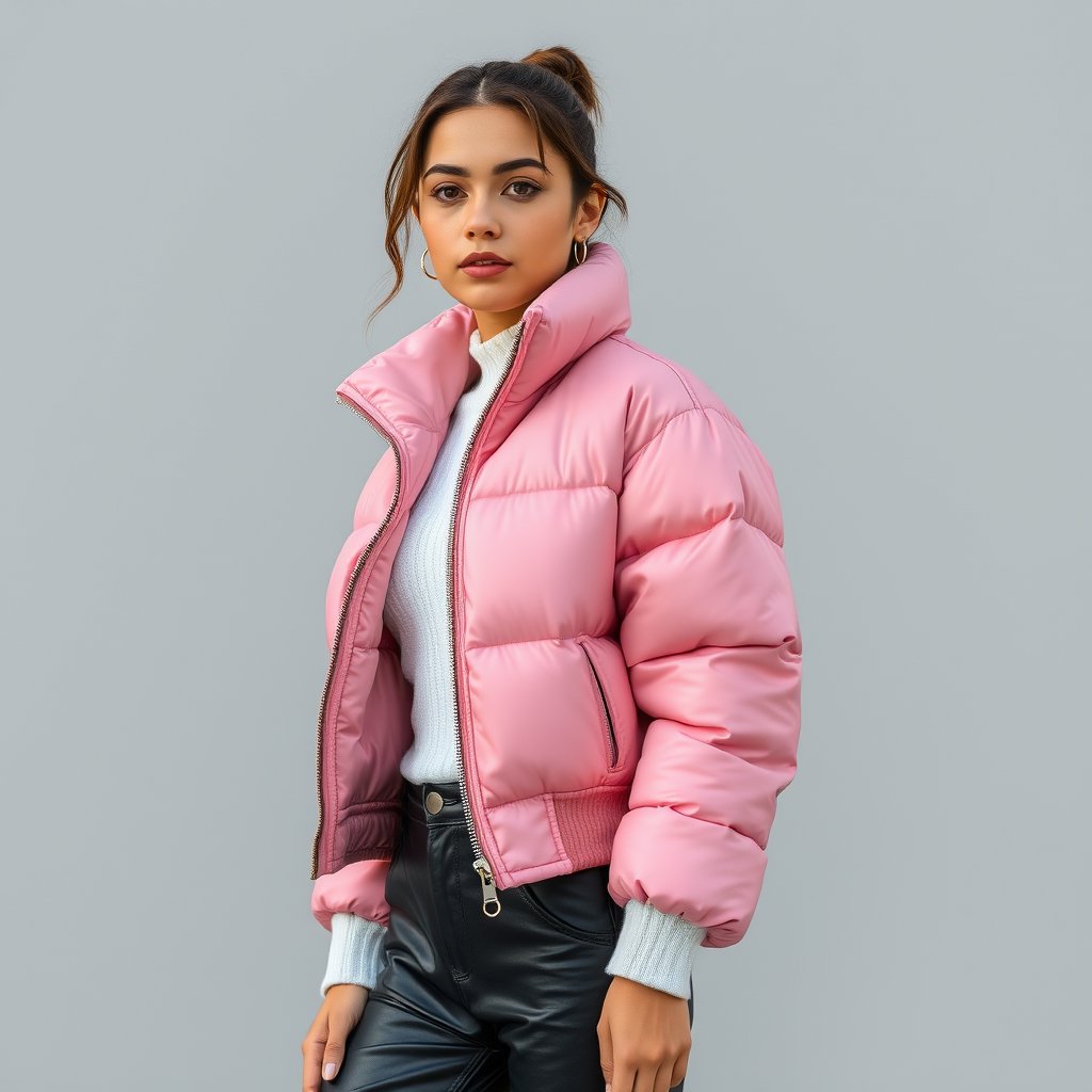 Fotografía editorial de moda Y2K de una chaqueta puffer cropped en color rosa chicle, protagonista absoluta de la imagen. La chaqueta presenta un volumen inflado pronunciado, acolchado uniforme, capucha integrada y cierre metálico frontal. Silueta corta y juvenil, estética Y2K femenina y divertida, con acabado ligeramente brillante que resalta el volumen de la prenda. Modelo femenina joven usando la chaqueta con actitud segura y relajada, combinada con un outfit urbano minimalista para que toda, highly detailed, 8k, professional photography, sharp focus