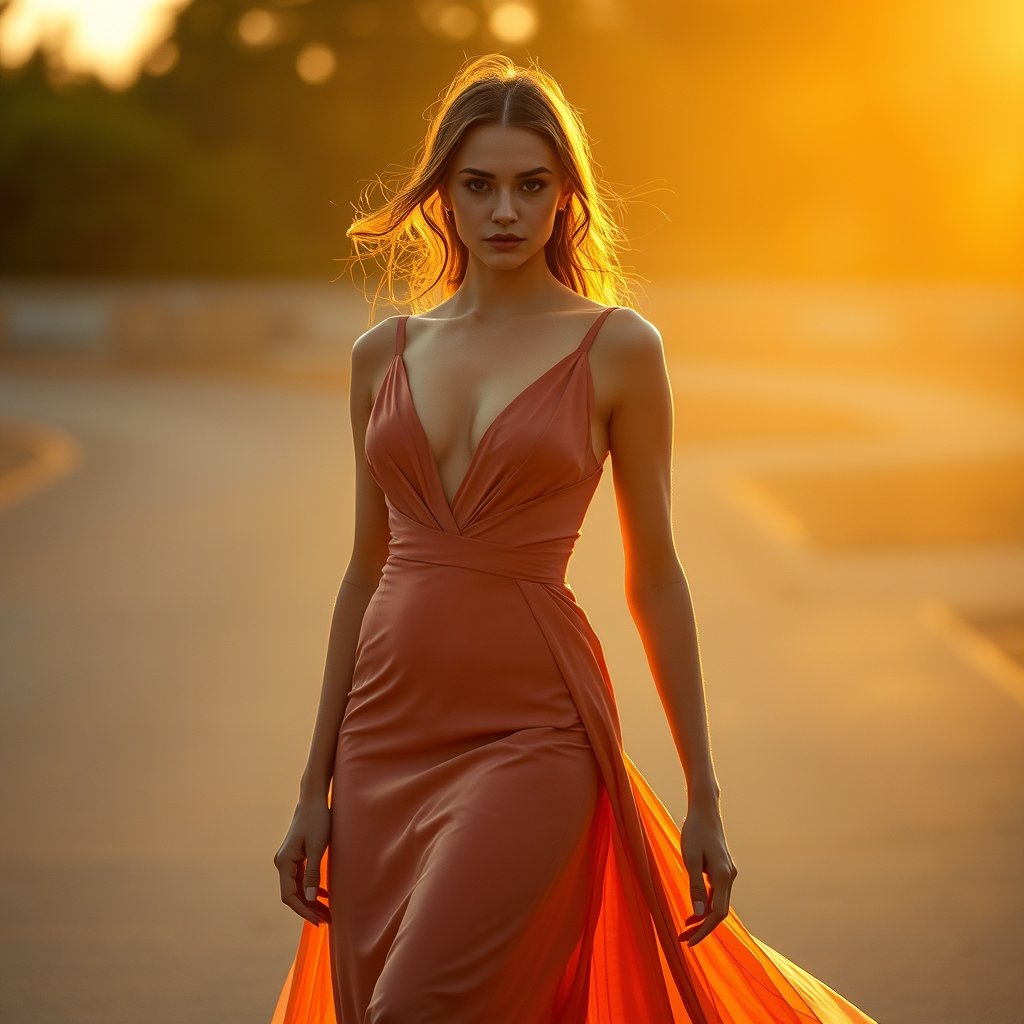 a high fashion model in an elegant dress, editorial style, golden hour lighting, warm tones, atmospheric