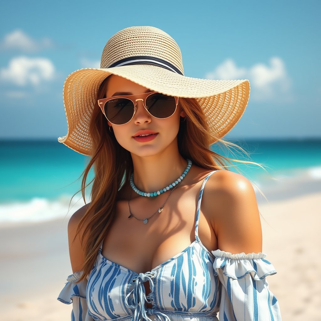 a summer beach fashion look with a sun hat, ultra realistic, crisp details, studio quality