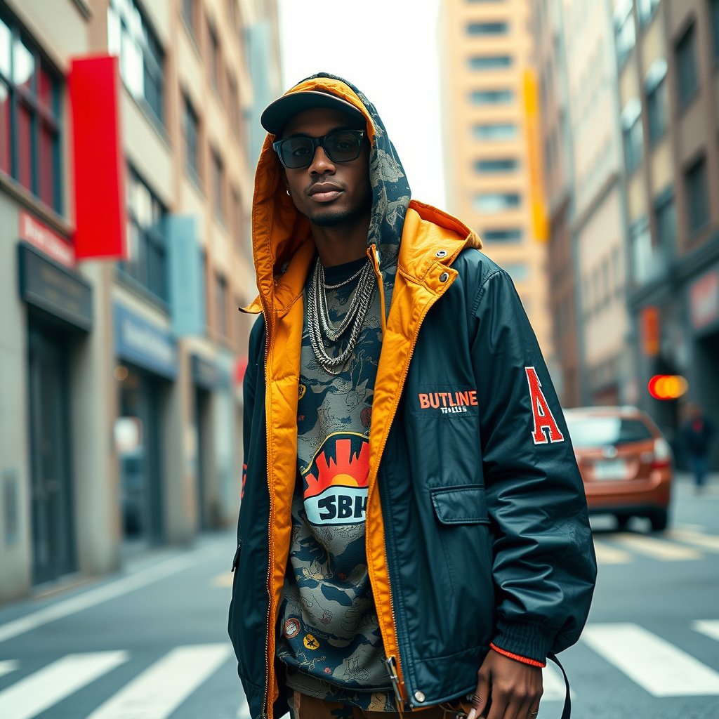 a streetwear outfit on an urban background, highly detailed, 8k, professional photography, sharp focus