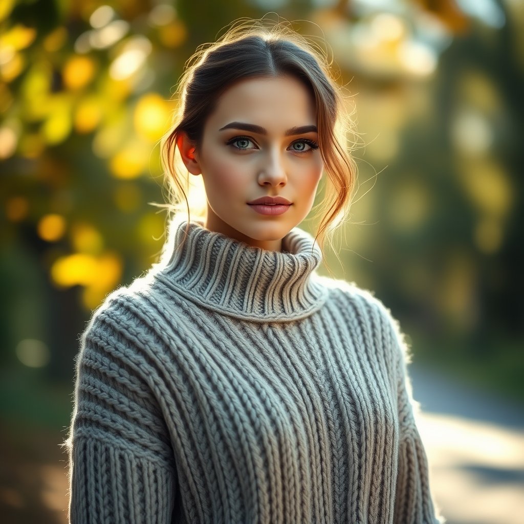 a model wearing a cozy knit sweater in autumn, soft natural light, shallow depth of field, bokeh