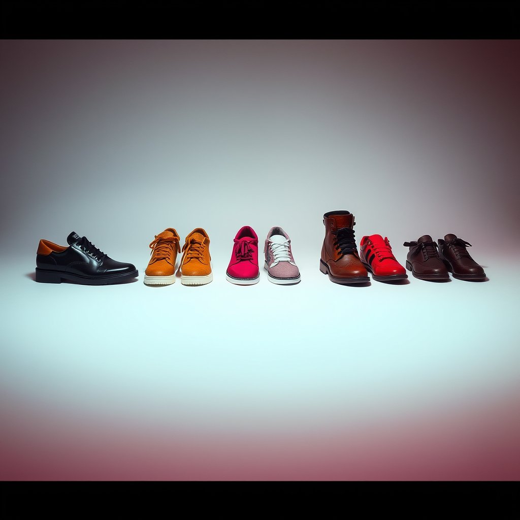 a collection of designer shoes on a minimal background, cinematic lighting, vibrant colors, dramatic atmosphere