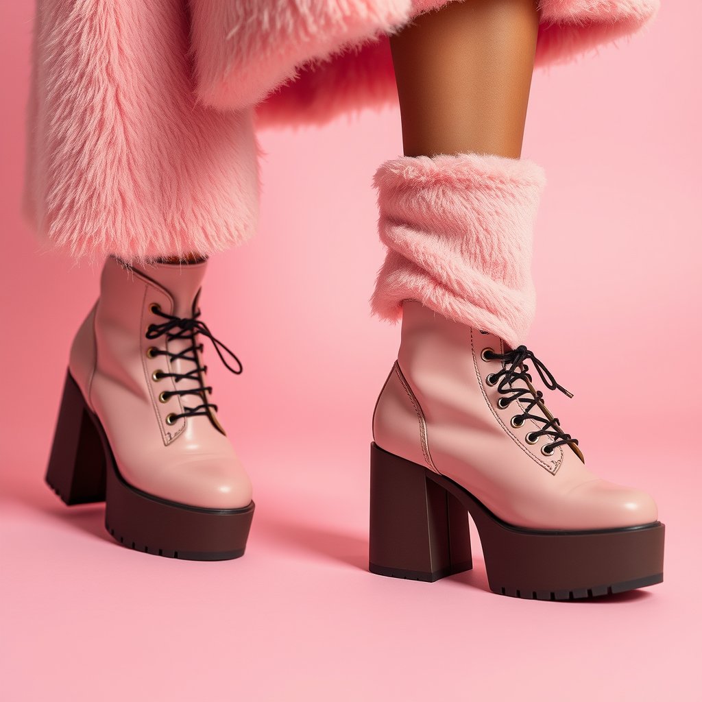 Close-up de moda Y2K mostrando únicamente las piernas y los pies de una modelo usando calentadoras de peluche rosa suave con pequeños detalles de estrellas, combinadas con botas de plataforma. Enfoque principal en las calentadoras y las botas, textura del peluche muy visible, estética retro it-girl, iluminación de estudio, fondo rosa pastel minimalista, fotografía hiperrealista de catálogo, alta definición., ultra realistic, crisp details, studio quality