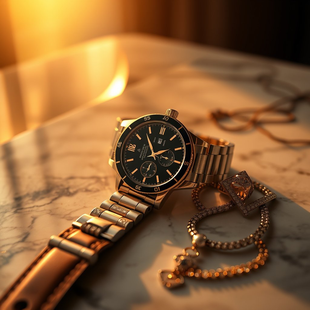 an elegant watch and jewelry on a marble surface, golden hour lighting, warm tones, atmospheric
