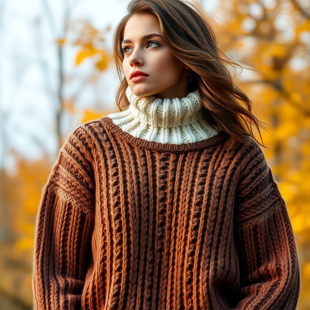 a model wearing a cozy knit sweater in autumn, ultra realistic, crisp details, studio quality