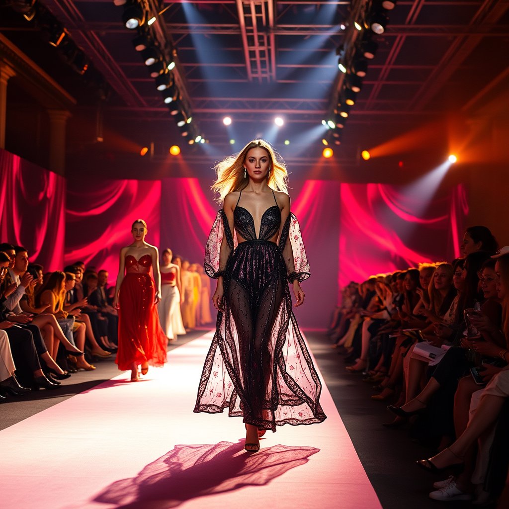 a vibrant runway fashion show with dramatic lighting, golden hour lighting, warm tones, atmospheric