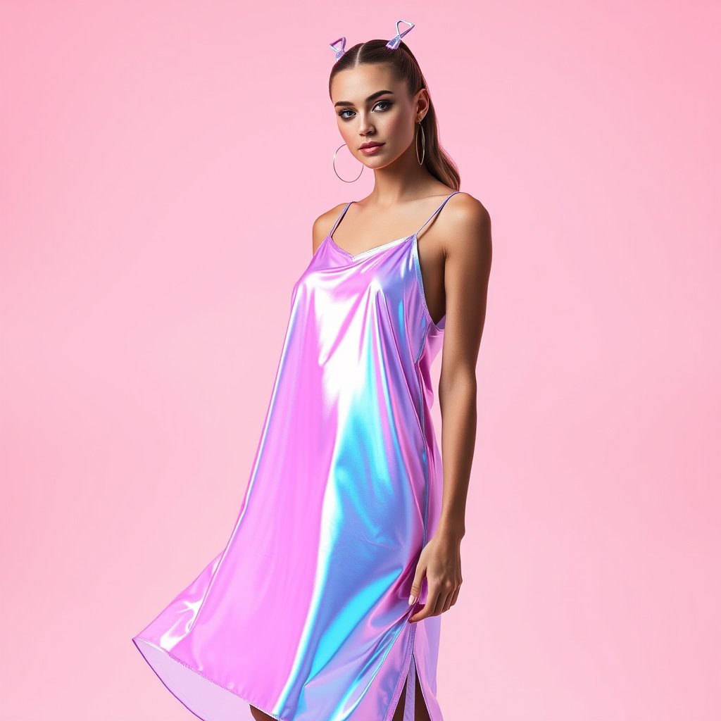 Fotografía de moda Y2K de una modelo usando un vestido slip midi holográfico, tejido iridiscente que cambia entre rosa, lila, azul y plateado con la luz. Tirantes finos ajustables y caída fluida. Estética it-girl futurista, iluminación de estudio que resalte el efecto holográfico, fondo minimalista rosa pastel, fotografía hiperrealista de catálogo, cuerpo completo, alta definición., ultra realistic, crisp details, studio quality