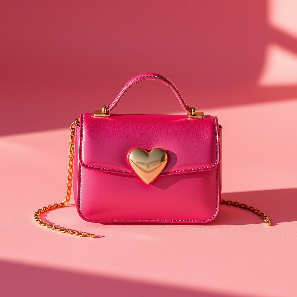 Fotografía editorial Y2K de un bolso baguette pequeño de charol fucsia brillante, con diseño elegante y compacto y un dije de corazón metálico. Estética it-girl de los años 2000, colocado sobre una superficie rosa pastel minimalista, iluminación de estudio con reflejos suaves sobre el charol, colores vibrantes, fotografía hiperrealista de producto, alta definición, enfoque nítido y acabado de catálogo de moda premium., golden hour lighting, warm tones, atmospheric
