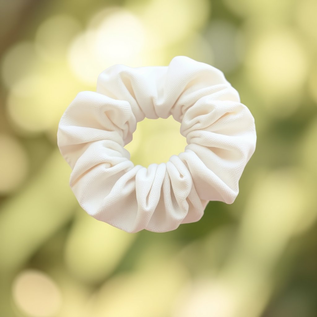 top view
white scrunchie
no background, soft natural light, shallow depth of field, bokeh