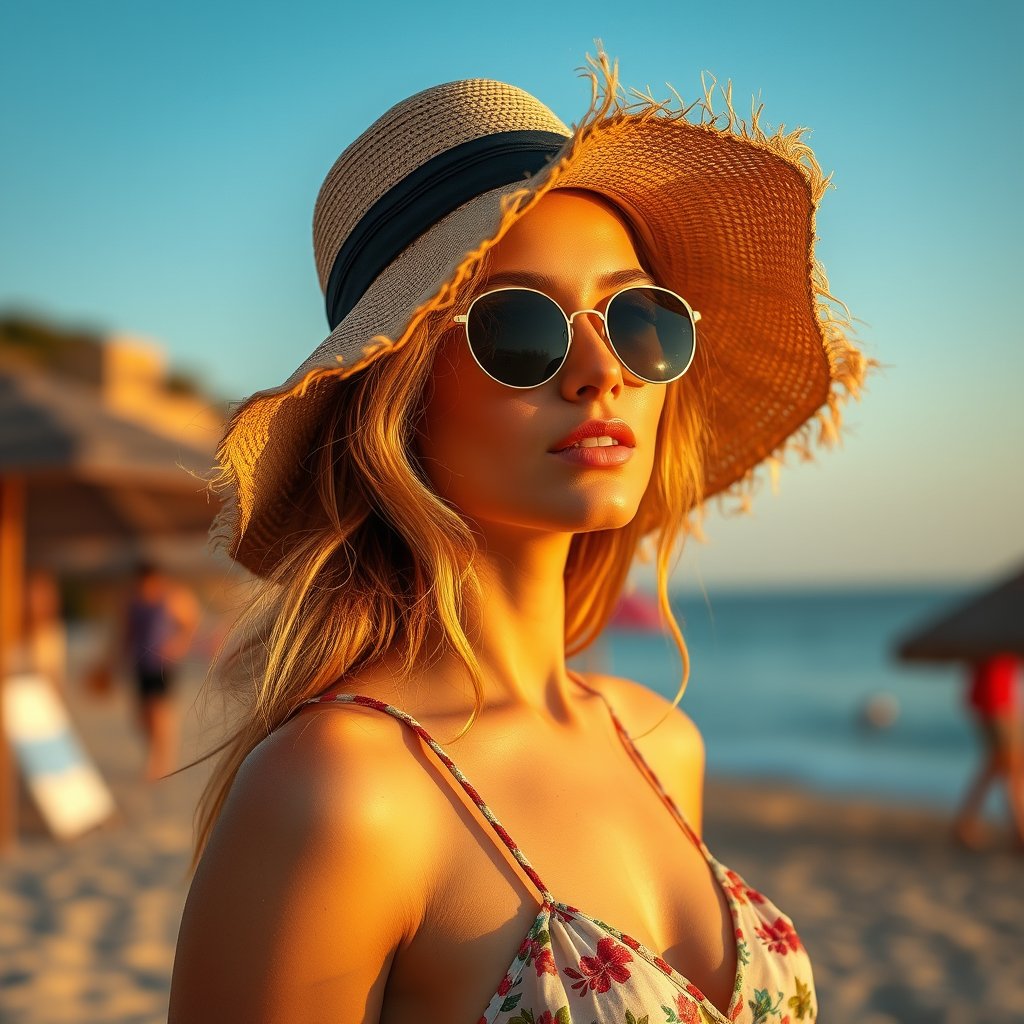 a summer beach fashion look with a sun hat, golden hour lighting, warm tones, atmospheric