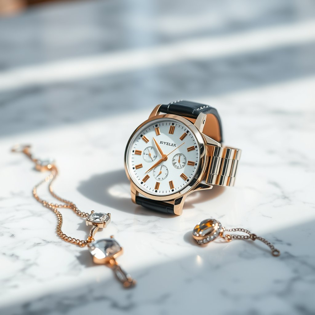an elegant watch and jewelry on a marble surface, soft natural light, shallow depth of field, bokeh