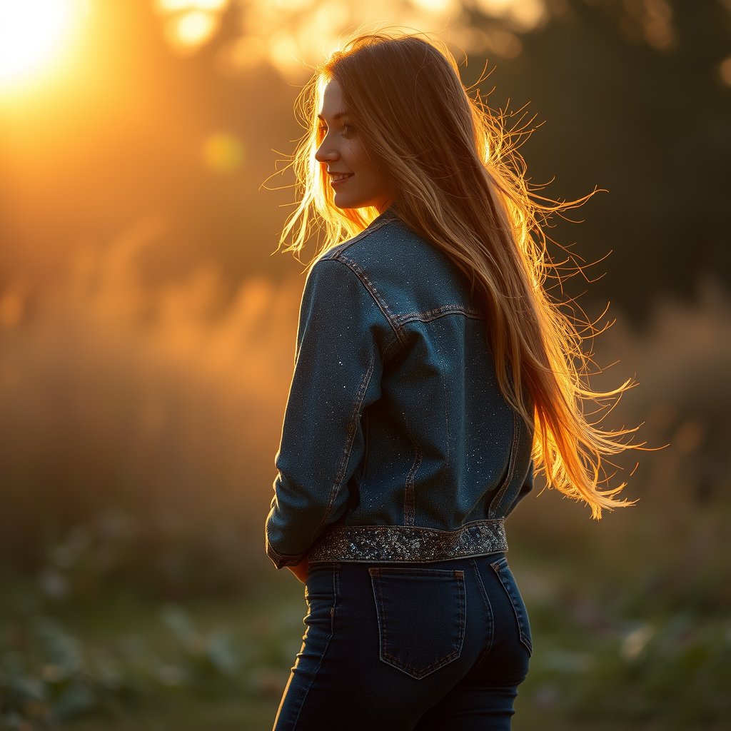 Falda Denim Glitter
Minifalda de mezclilla con aplicaciones de glitter y tachas. Ideal para combinar con calentadoras y botas plataforma., golden hour lighting, warm tones, atmospheric