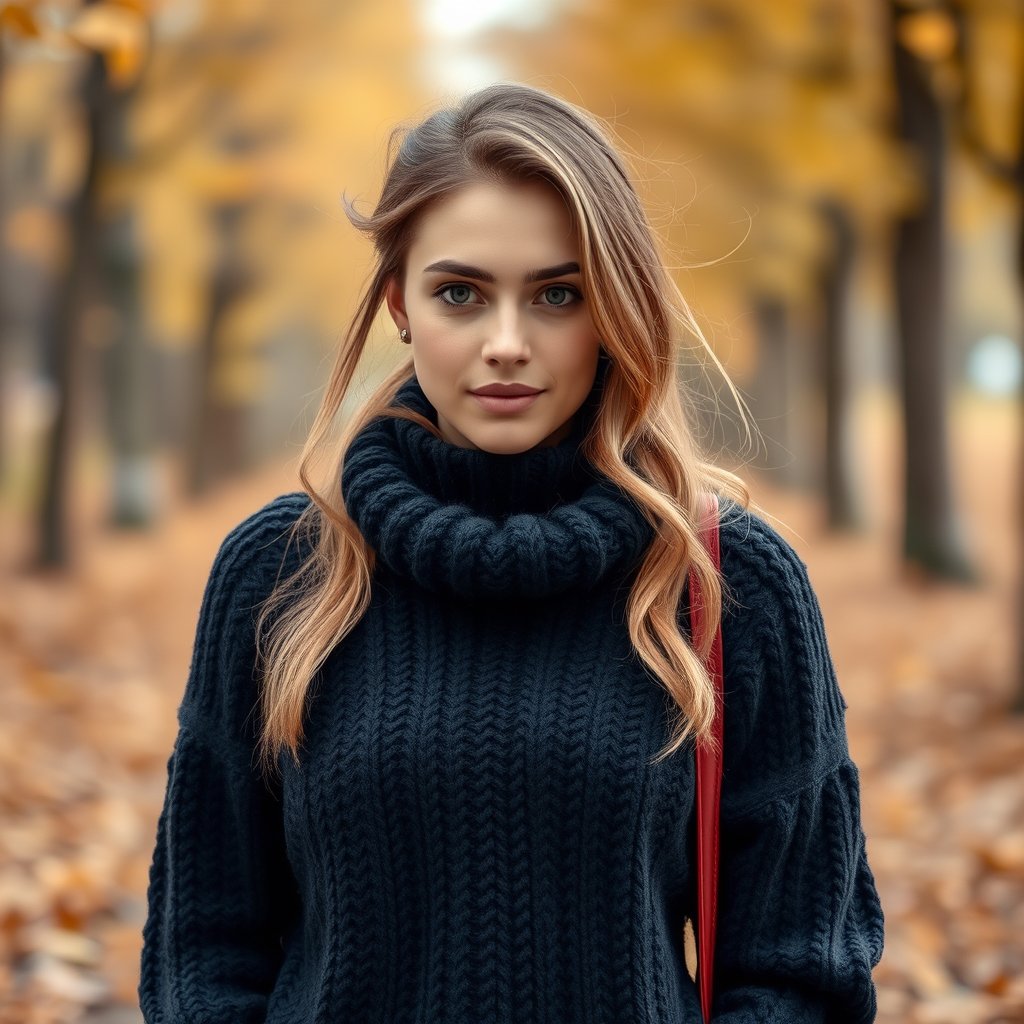 a model wearing a cozy knit sweater in autumn, highly detailed, 8k, professional photography, sharp focus