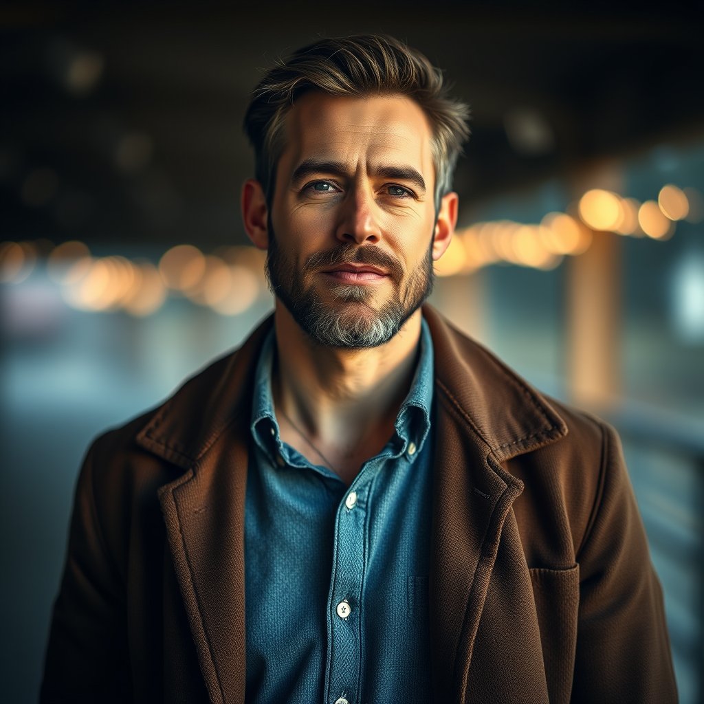 abrigo largo para hombre, soft natural light, shallow depth of field, bokeh