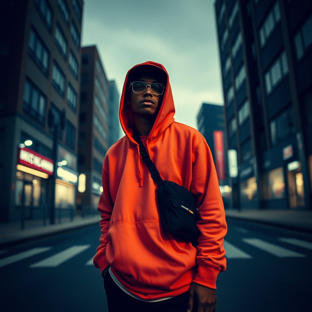 a streetwear outfit on an urban background, moody lighting, high contrast, fine art photography