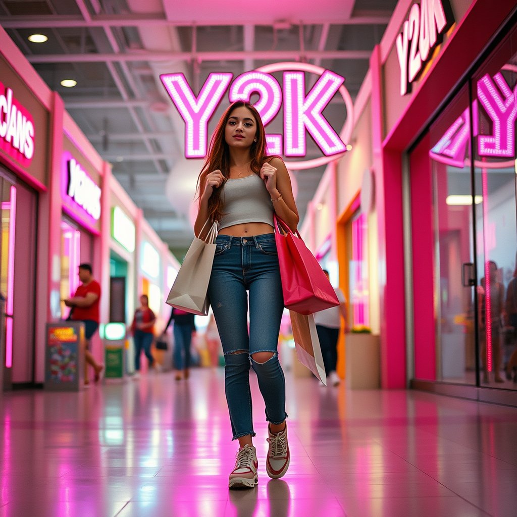 Mall Culture
Early 2000s fashion mall scene, stylish young woman carrying shopping bags, low-rise jeans, cropped top and platform sneakers, pink neon signs, glossy Y2K atmosphere, nostalgic flash photography, soft natural light, shallow depth of field, bokeh