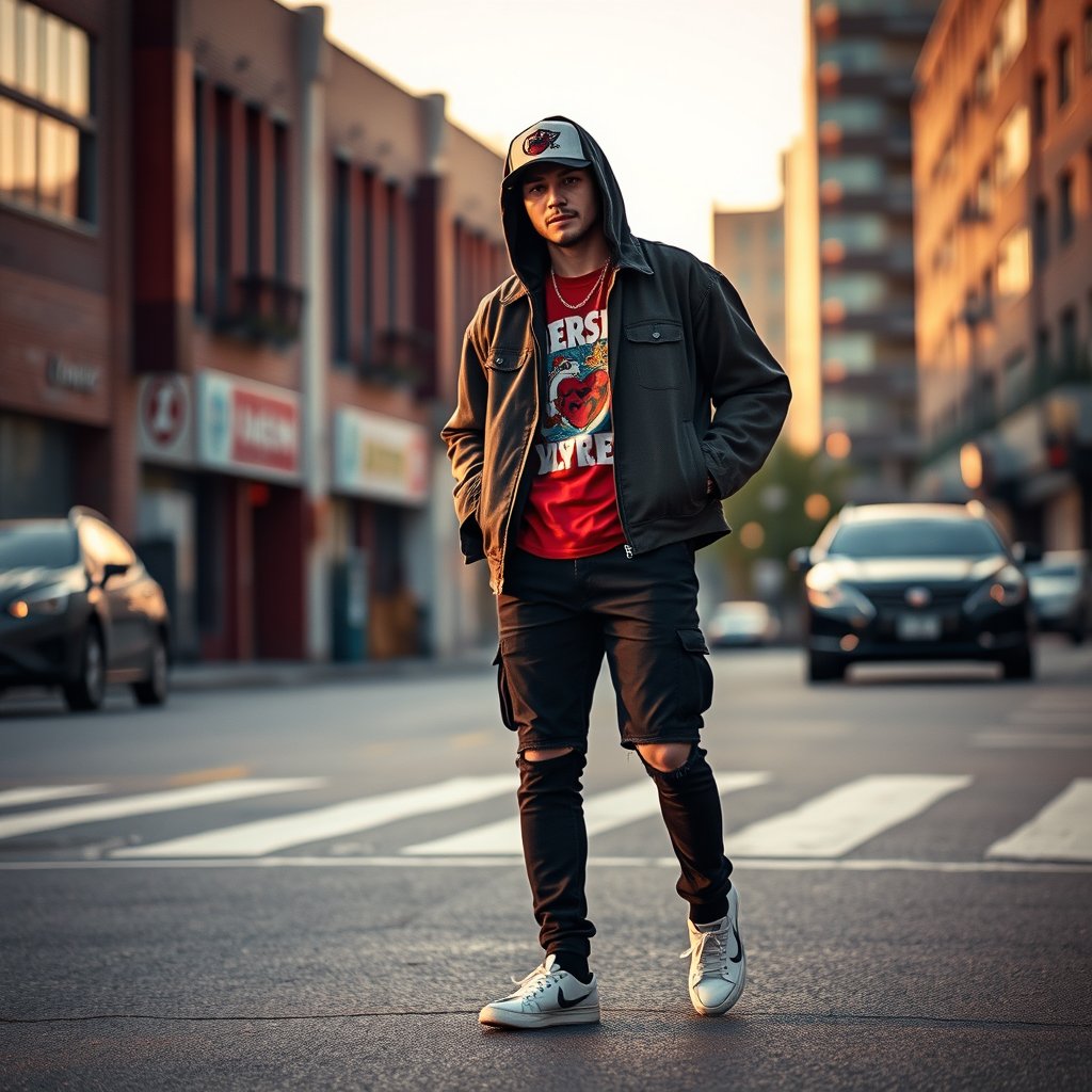 a streetwear outfit on an urban background, golden hour lighting, warm tones, atmospheric