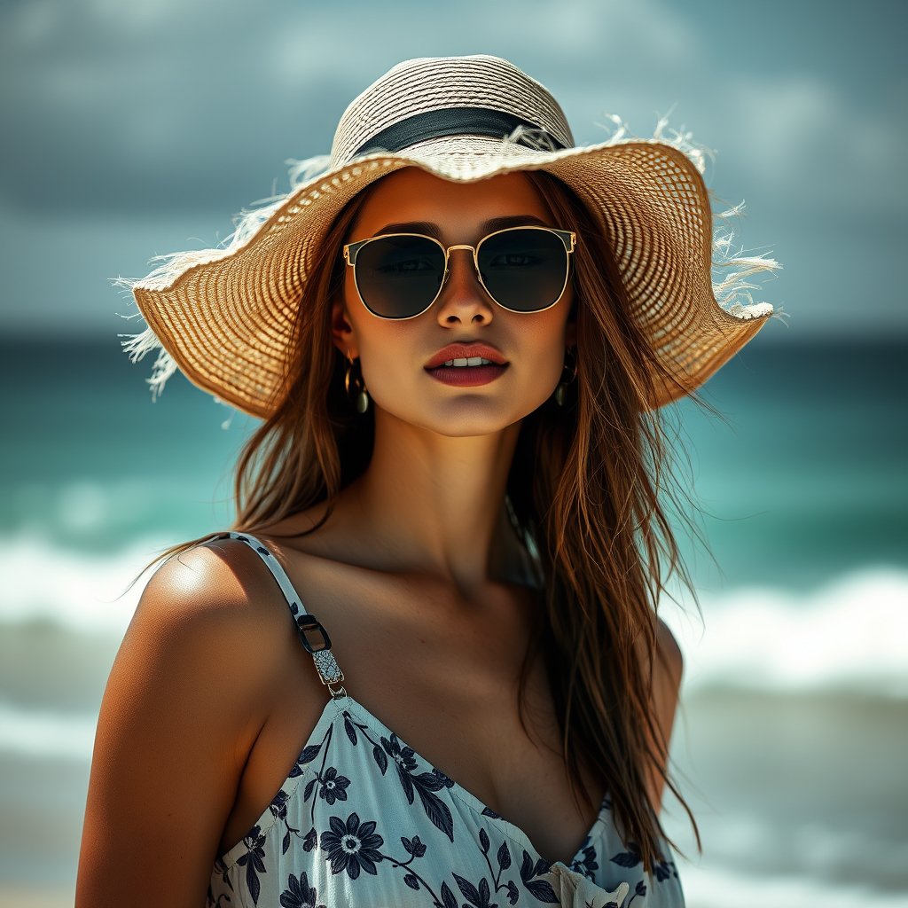 a summer beach fashion look with a sun hat, moody lighting, high contrast, fine art photography