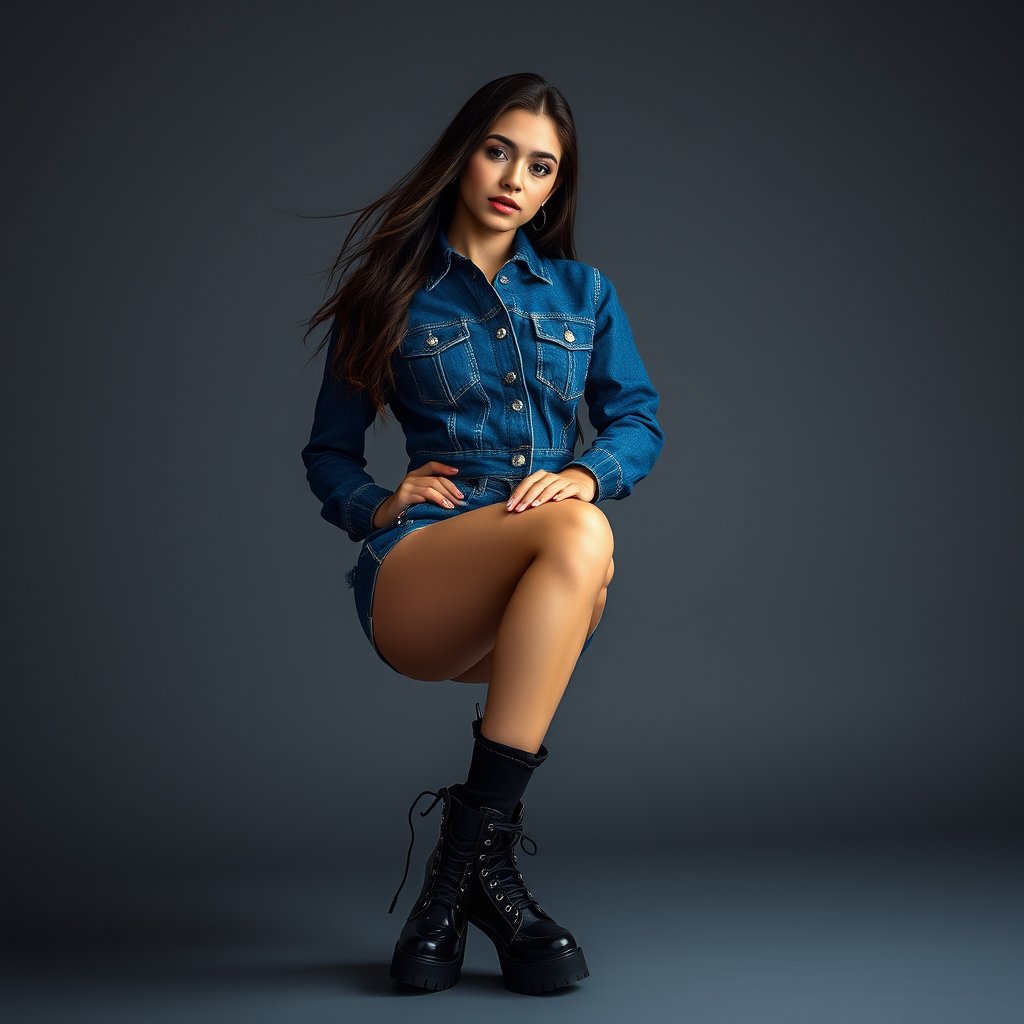 Fotografía editorial de moda Y2K de una minifalda de mezclilla azul, protagonista absoluta de la imagen, con aplicaciones de glitter brillante y pequeñas tachas metálicas decorativas. La falda tiene un diseño juvenil, atrevido y femenino, con acabado denim auténtico y detalles cuidadosamente visibles. Combinar con calentadoras de peluche y botas de plataforma para crear un look it-girl de inspiración años 2000. Modelo femenina joven posando con actitud segura y estética pop Y2K, composición de, moody lighting, high contrast, fine art photography