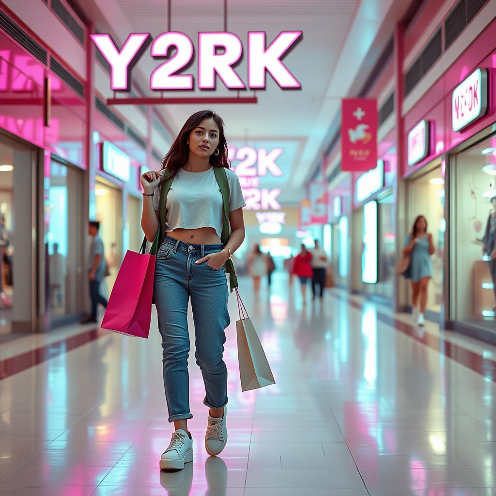 Mall Culture
Early 2000s fashion mall scene, stylish young woman carrying shopping bags, low-rise jeans, cropped top and platform sneakers, pink neon signs, glossy Y2K atmosphere, nostalgic flash photography, soft natural light, shallow depth of field, bokeh