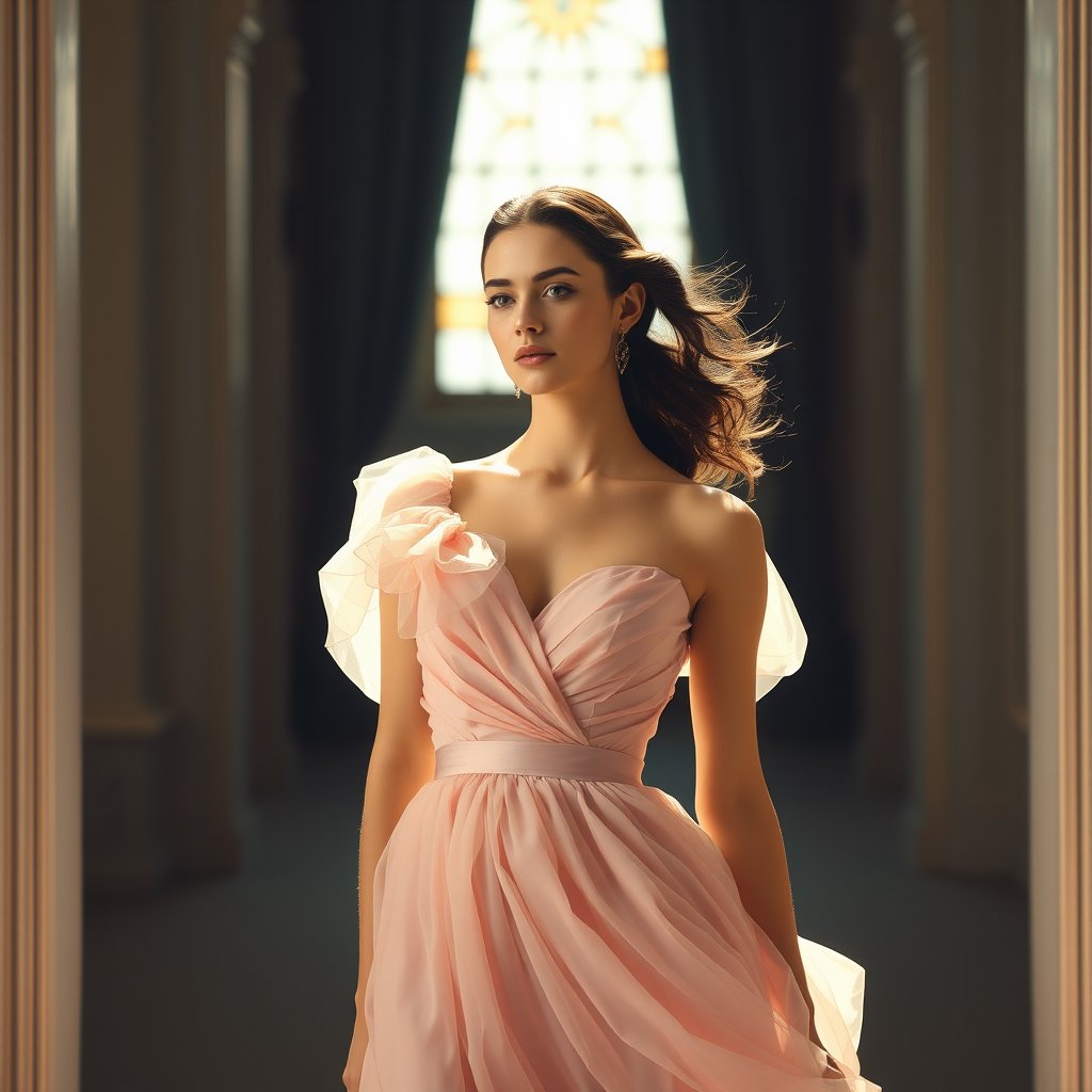 a high fashion model in an elegant dress, editorial style, bright and airy, pastel tones, dreamy aesthetic