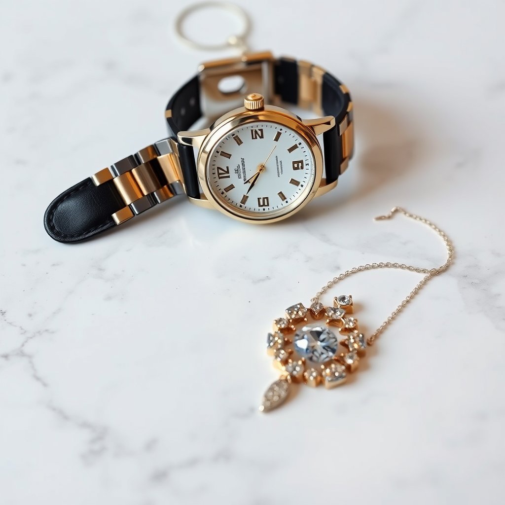 an elegant watch and jewelry on a marble surface, minimalist composition, clean background, elegant