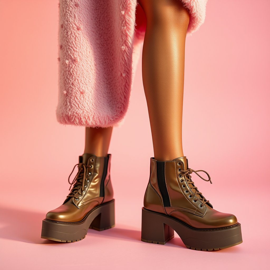 Close-up de moda Y2K mostrando únicamente las piernas y los pies de una modelo usando calentadoras de peluche rosa suave con pequeños detalles de estrellas, combinadas con botas de plataforma. Enfoque principal en las calentadoras y las botas, textura del peluche muy visible, estética retro it-girl, iluminación de estudio, fondo rosa pastel minimalista, fotografía hiperrealista de catálogo, alta definición., golden hour lighting, warm tones, atmospheric