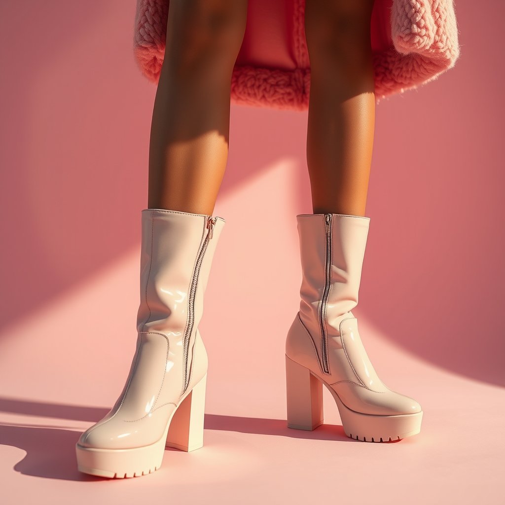 Close-up de moda Y2K mostrando únicamente las piernas y los pies de una modelo usando calentadoras de peluche rosa suave con pequeños detalles de estrellas, combinadas con botas de plataforma. Enfoque principal en las calentadoras y las botas, textura del peluche muy visible, estética retro it-girl, iluminación de estudio, fondo rosa pastel minimalista, fotografía hiperrealista de catálogo, alta definición., golden hour lighting, warm tones, atmospheric